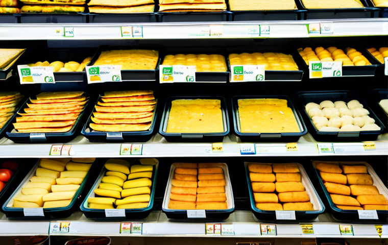 소비자들이 선호하는 인스턴트 간편식 - **Image:** A vibrant close-up shot of a section in a Mercadona or Carrefour supermarket showcasing a...