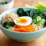 저칼로리 인스턴트 라면 - **Vibrant, Customized Healthy Instant Ramen Bowl**
    A close-up, eye-level shot of a steaming, ric...