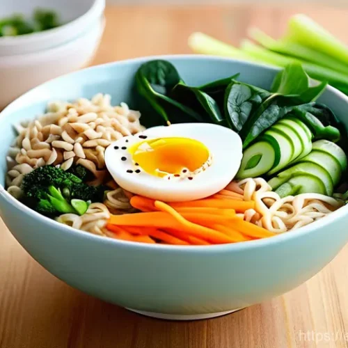 저칼로리 인스턴트 라면 - **Vibrant, Customized Healthy Instant Ramen Bowl**
    A close-up, eye-level shot of a steaming, ric...