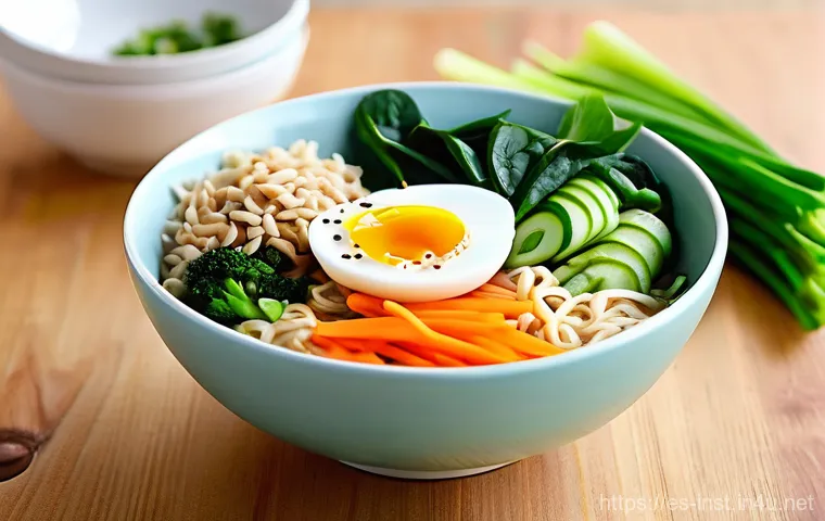 저칼로리 인스턴트 라면 - **Vibrant, Customized Healthy Instant Ramen Bowl**
    A close-up, eye-level shot of a steaming, ric...