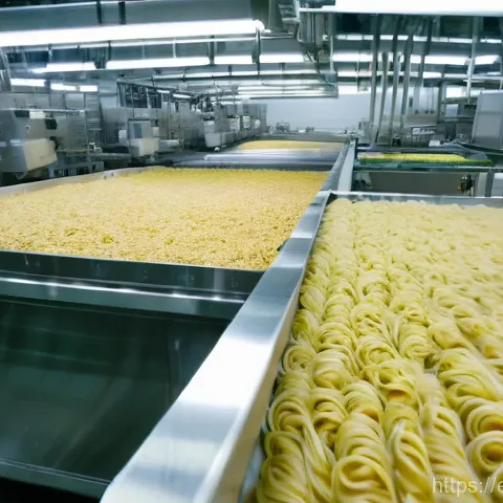인스턴트 라면 생산 공정 - Industrial Ramen Noodle Production - "The Dance of Ingredients"**
A hyperrealistic, wide-angle shot ...