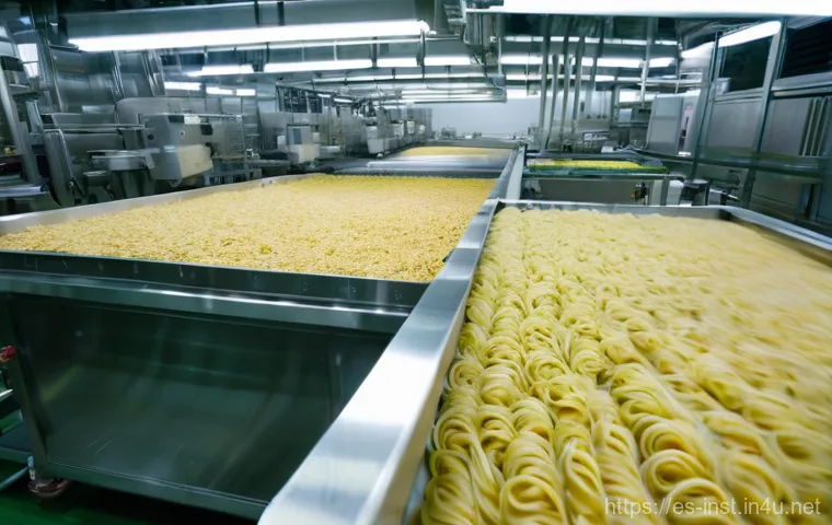 인스턴트 라면 생산 공정 - Industrial Ramen Noodle Production - "The Dance of Ingredients"**
A hyperrealistic, wide-angle shot ...