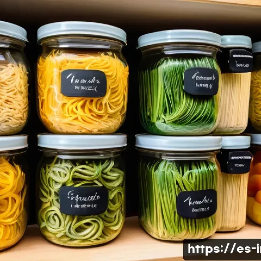 인스턴트 라면 보관법 - A neatly organized kitchen pantry shelf featuring multiple airtight glass jars filled with instant n...