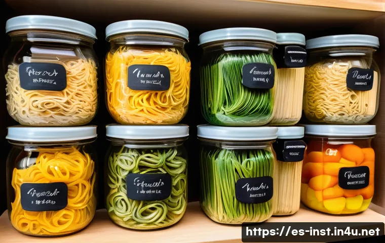 인스턴트 라면 보관법 - A neatly organized kitchen pantry shelf featuring multiple airtight glass jars filled with instant n...