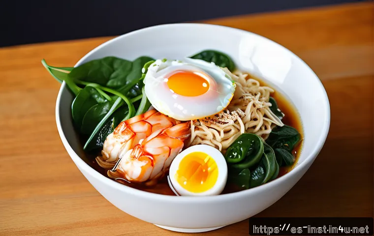 맛있는 인스턴트 라면 - A vibrant bowl of instant ramen featuring perfectly cooked noodles topped with a poached egg with a ...