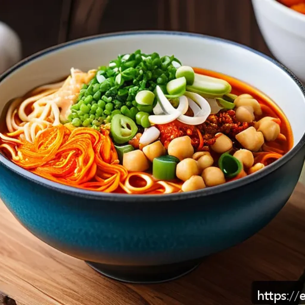 식물성 인스턴트 라면 - A vibrant and colorful bowl of vegan instant noodles made from chickpea flour, topped with fresh kim...