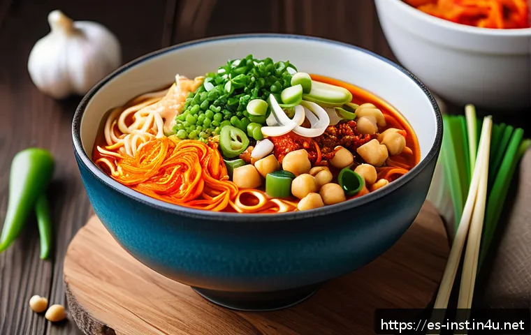 식물성 인스턴트 라면 - A vibrant and colorful bowl of vegan instant noodles made from chickpea flour, topped with fresh kim...