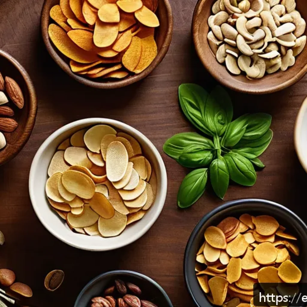 저염식 인스턴트 식품 - A vibrant, healthy snack display featuring a variety of unsalted nuts, baked vegetable chips, and na...