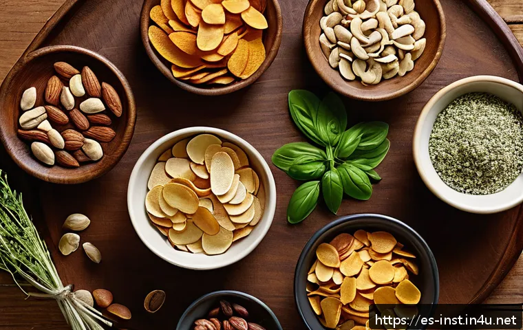 저염식 인스턴트 식품 - A vibrant, healthy snack display featuring a variety of unsalted nuts, baked vegetable chips, and na...