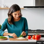 Home 21 인스턴트 식품 고유의 특성 - A modern kitchen scene with a young Spanish professional preparing a quick, healthy meal using insta...