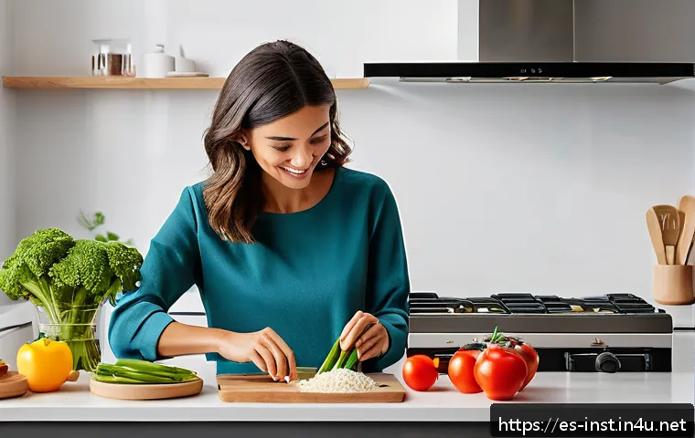 인스턴트 식품 고유의 특성 - A modern kitchen scene with a young Spanish professional preparing a quick, healthy meal using insta...