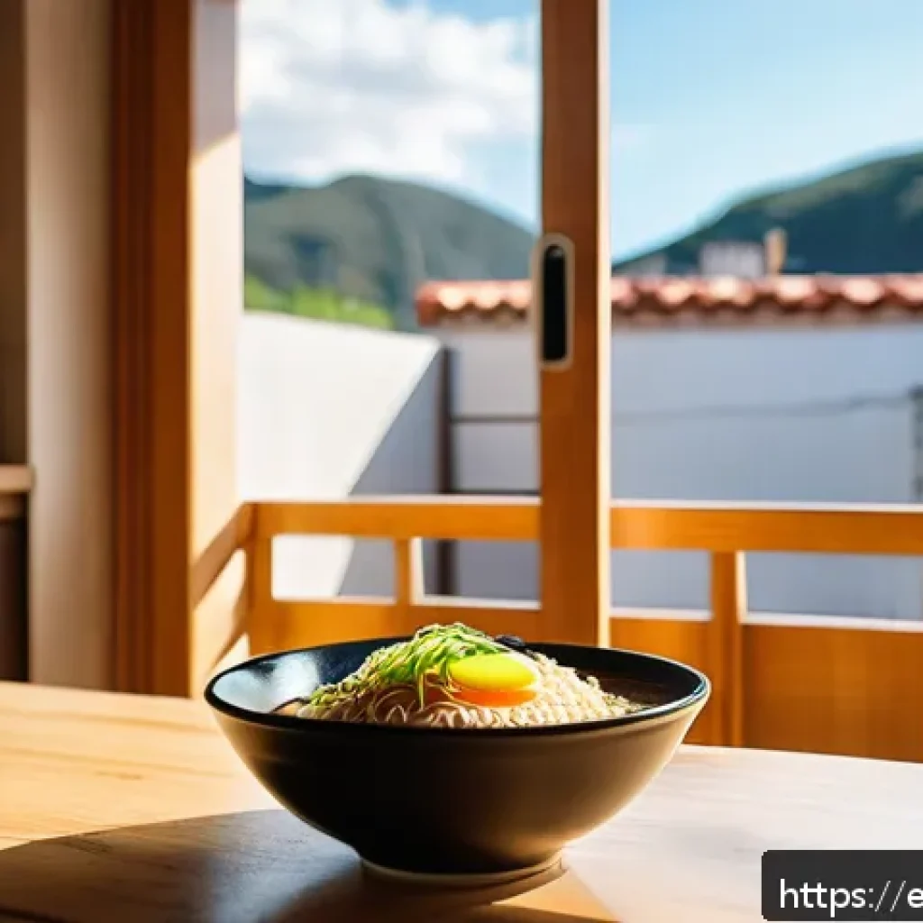 인스턴트 라면 제조사별 분석 - A cozy kitchen scene in a modern Spanish apartment, featuring a steaming bowl of instant ramen on a ...