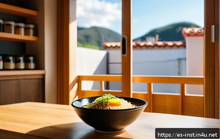 인스턴트 라면 제조사별 분석 - A cozy kitchen scene in a modern Spanish apartment, featuring a steaming bowl of instant ramen on a ...