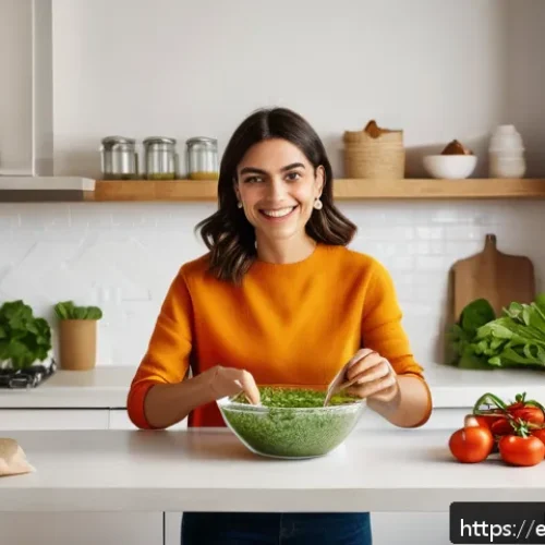 Home 29 인스턴트 식품 산업 전망 - A vibrant, modern kitchen scene in a Spanish home featuring a young adult woman preparing a quick, h...