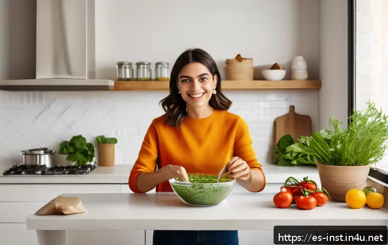 인스턴트 식품 산업 전망 - A vibrant, modern kitchen scene in a Spanish home featuring a young adult woman preparing a quick, h...